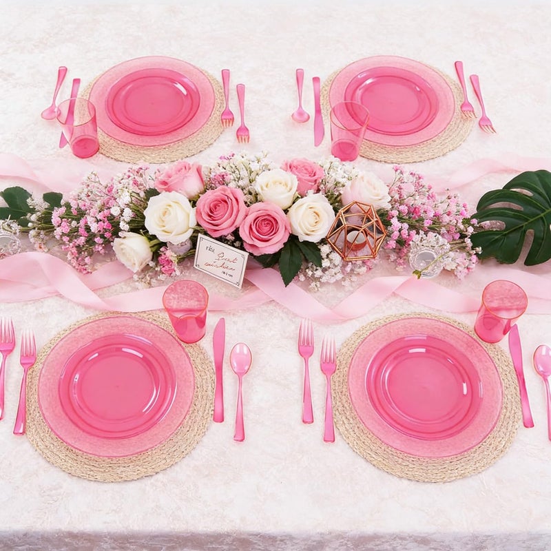 WDF 25 Guest Pink Plates with Pink Plastic Silverware&Pink Cups-Neon Clear Disposable Dinnerware include 50 Plates,25Forks, 25 Knives, 25 Spoons,25 Plastic Cups for Party and Baby Shower - Image 3